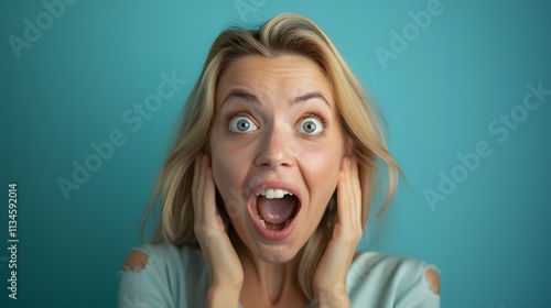 Surprised woman expressing joy against a teal background