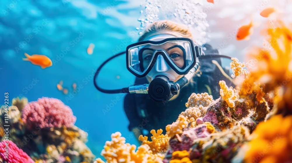 A woman is scuba diving in the ocean and looking at a coral reef A woman is scuba diving in the ocean and looking at a coral reef