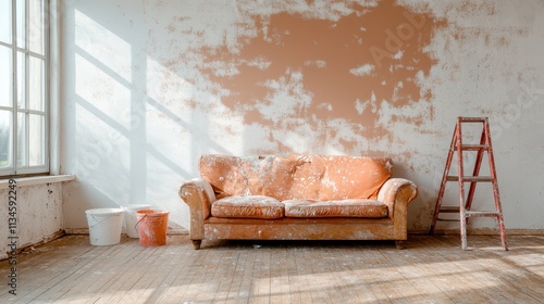 A depiction of an old orange couch set against a wall in a partially painted room, evoking themes of renewal and the passage of time in home renovation. photo