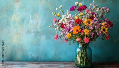 Vibrant wildflowers in a glass vase against a teal background.