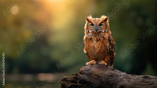 A majestic owl sits gracefully on a log in a sunlit forest, its eyes wide open, capturing the serene beauty of nature and the quiet strength of the creature. photo