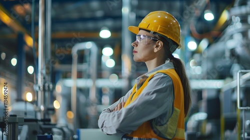 Confident Female Worker in Safety Gear Observing Industrial Environment