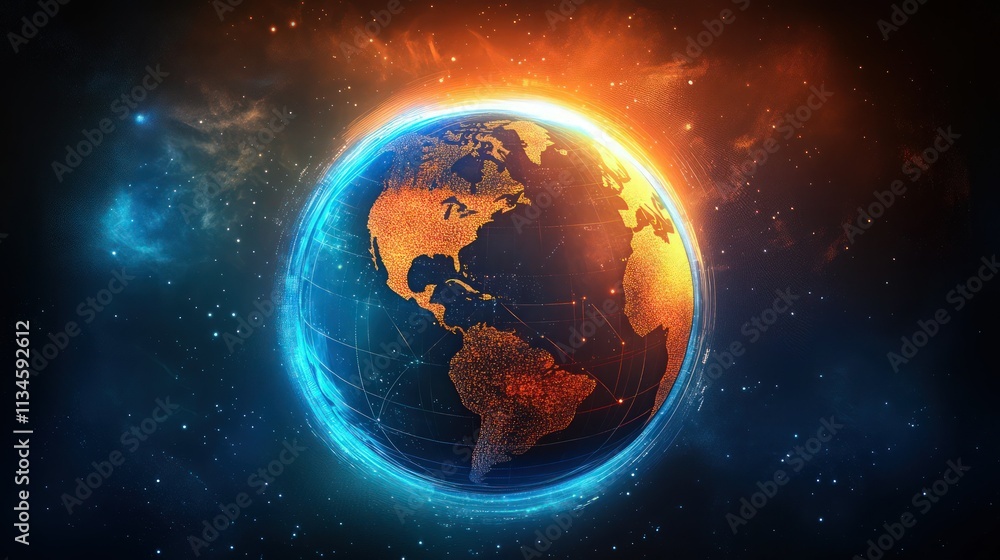 Abstract digital planet Earth with an orange and blue glowing light effect, global network concept, information exchange between countries on the world map background. Abstract digital planet Earth with an orange and blue glowing light effect, global network concept, information exchange between countries on the world map background.