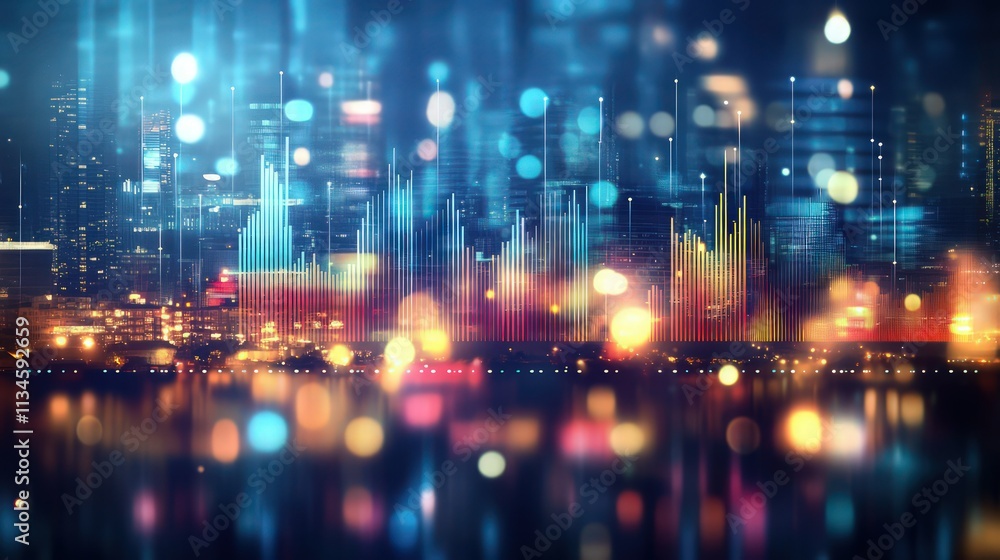 Abstract digital background with blurred lights and city skyline, data technology concept. Digital sound waves or music equalizer for design. Abstract digital background with blurred lights and city skyline, data technology concept. Digital sound waves or music equalizer for design.