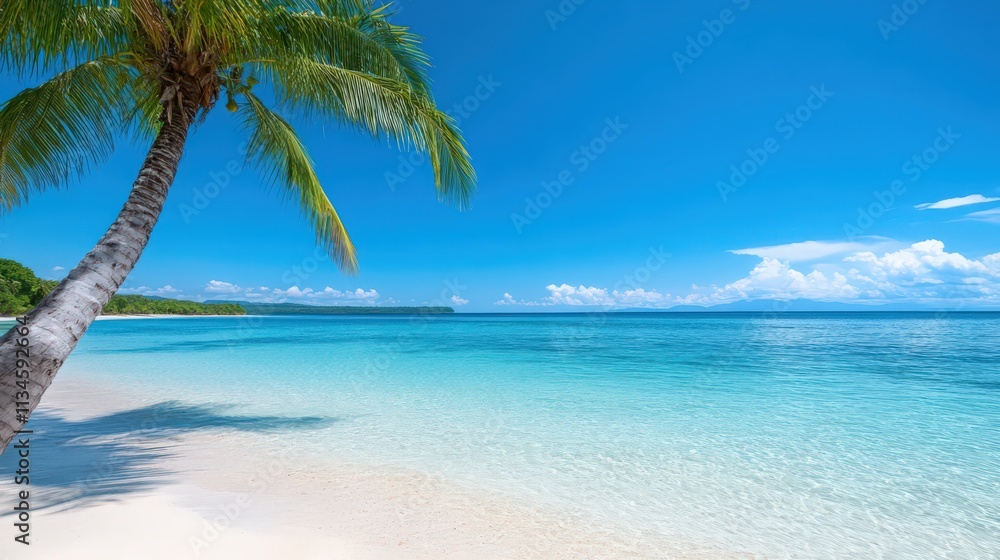 A palm tree is on the beach next to the ocean A palm tree is on the beach next to the ocean