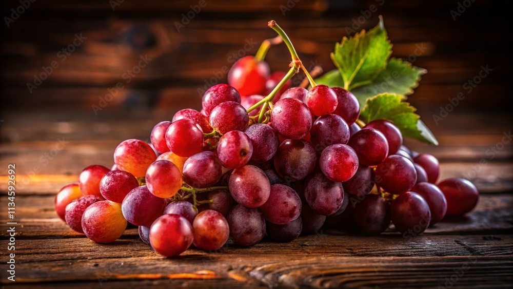 A Bunch of Red Grapes on a Rustic Wooden Table Captured in Low Light, Highlighting Their Rich Color and Texture, Perfect for Food Photography and Still Life Inspirations A Bunch of Red Grapes on a Rustic Wooden Table Captured in Low Light, Highlighting Their Rich Color and Texture, Perfect for Food Photography and Still Life Inspirations