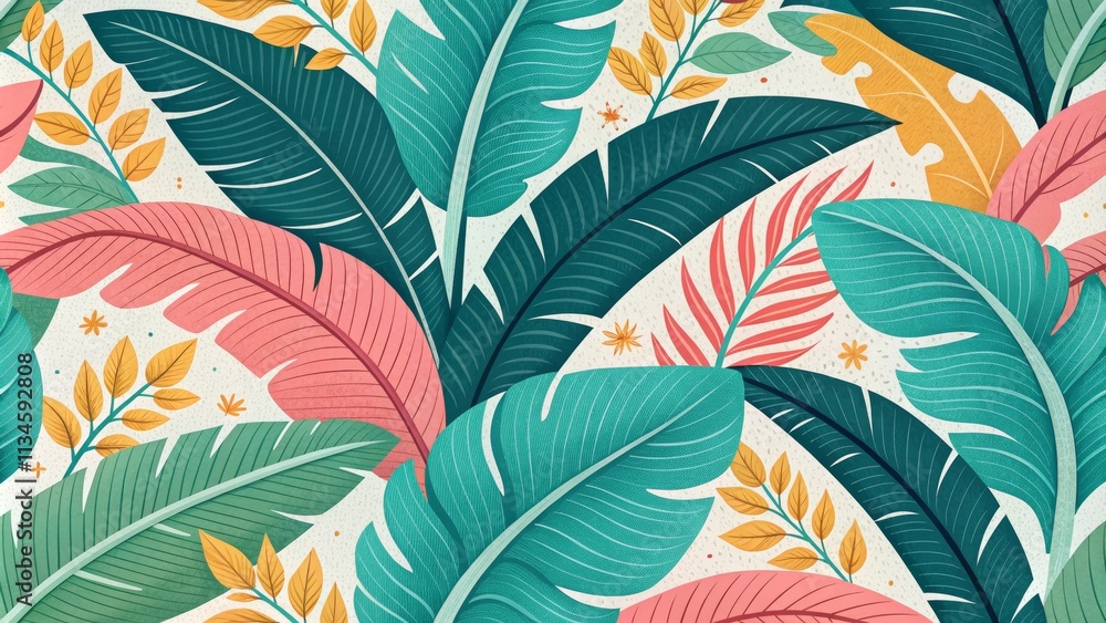 Fototapeta premium Tropical Leaves Seamless Pattern Teal, Pink, and Gold Illustration, Tropical, Botanical ,Seamless Pattern