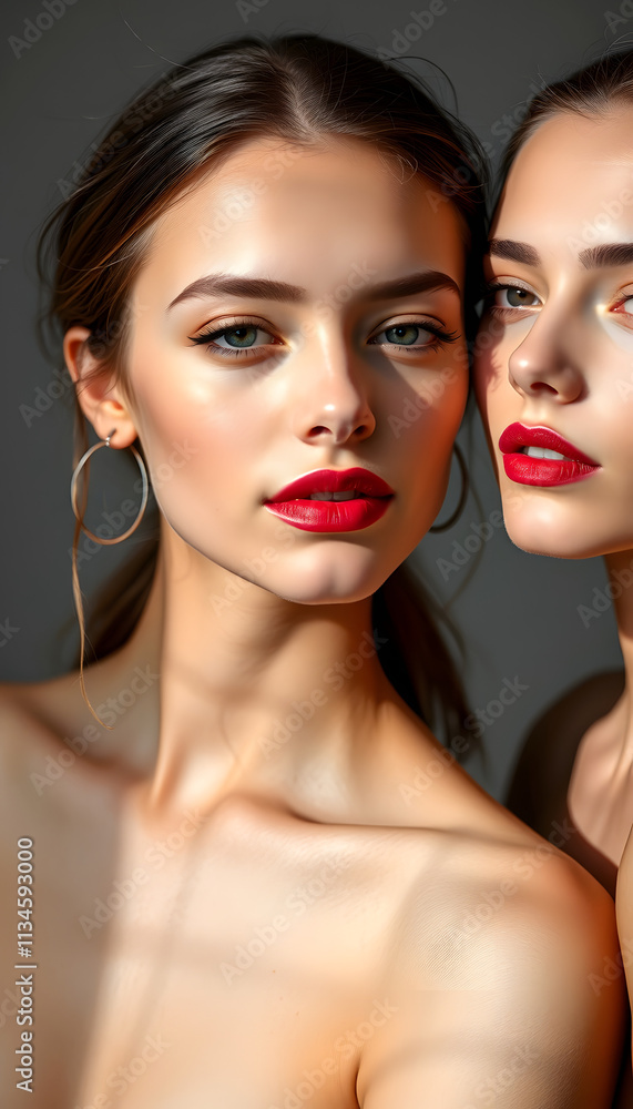 portrait of two women of model appearance on a gray background, with white tones