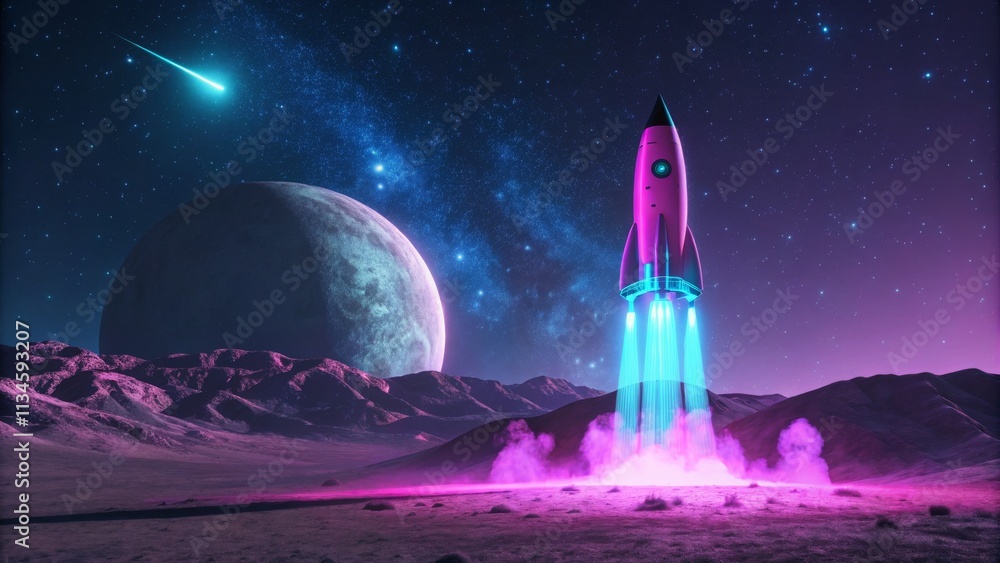 Retro Rocket Launch 3D Render, Alien Planet, Neon Aesthetic, Shooting Star, Space Exploration Space art, Digital art Retro Rocket Launch 3D Render, Alien Planet, Neon Aesthetic, Shooting Star, Space Exploration Space art, Digital art