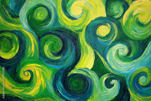 Swirl Artistic background with green, yellow and blue twists with acrylic texture. spiral and radial Brush strokes backdrop  