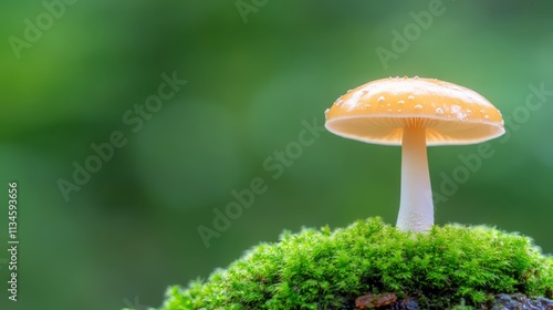 A mushroom is sitting on a mossy log