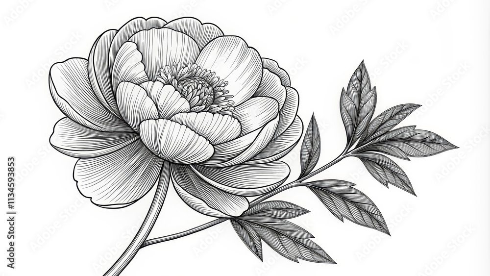 Fototapeta premium Monochrome Line Art Peony Floral Composition Detailed Botanical Illustration, Flower Drawing, Black and White, Nature Art Botanical Illustration, Floral Design