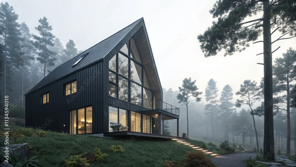 Fototapeta premium Misty Forest A-Frame Modern Home 3D Render, Black Exterior, Glass Walls, Architectural Visualization A-Frame House, Modern Architecture