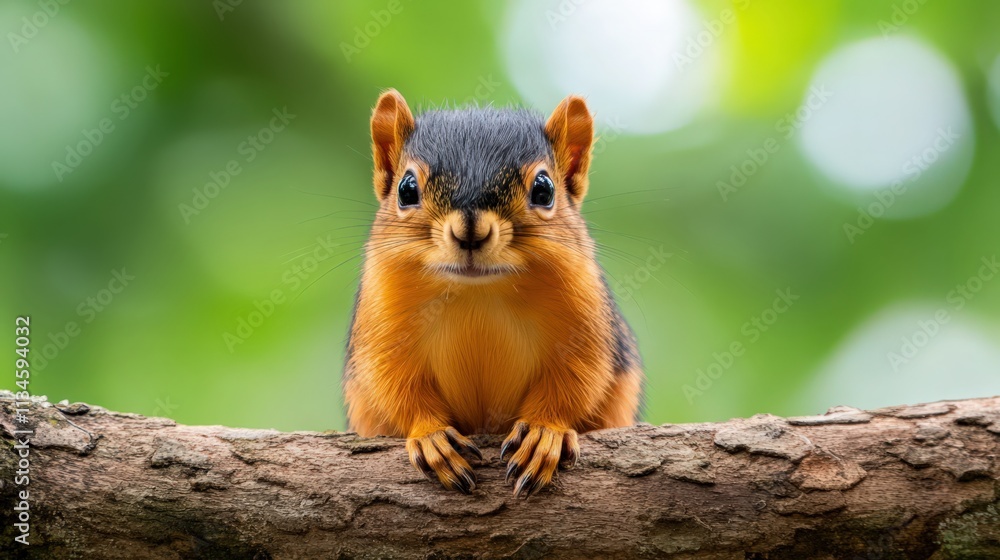 A small brown and orange squirrel is perched on a tree branch A small brown and orange squirrel is perched on a tree branch