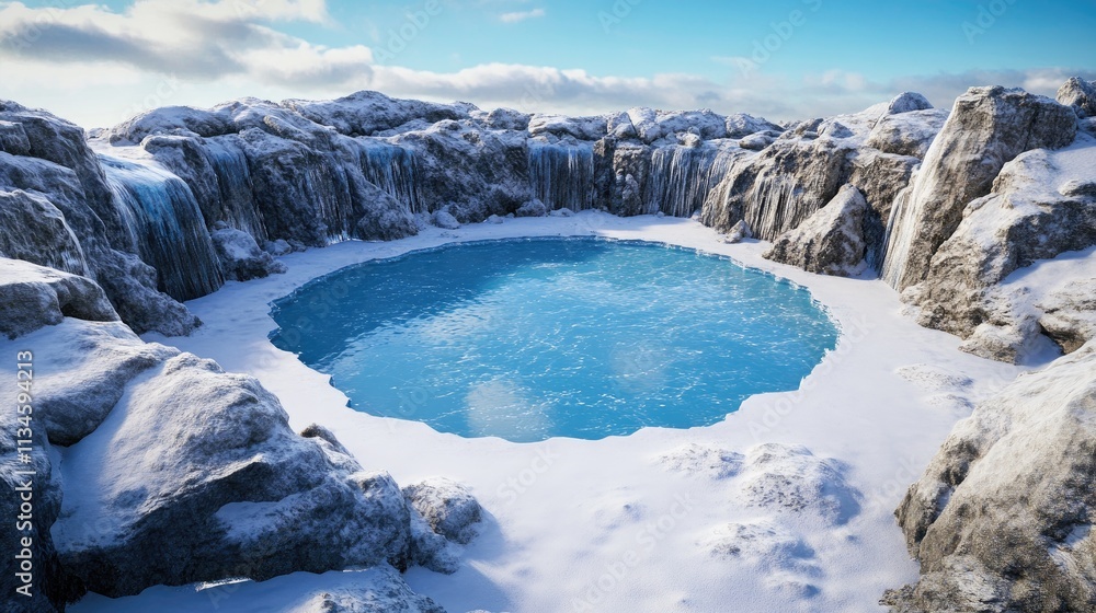 Stunning Frozen Lake Surrounded by Snow-Covered Rocky Terrain Under a Clear Blue Sky in Winter Wonderland Stunning Frozen Lake Surrounded by Snow-Covered Rocky Terrain Under a Clear Blue Sky in Winter Wonderland