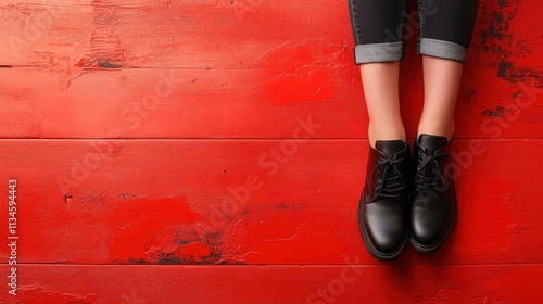 A striking photo of black shoes against a rustic red wooden floor, capturing the contrast between sleek footwear and the textured surface. Stylish and visually impactful. photo