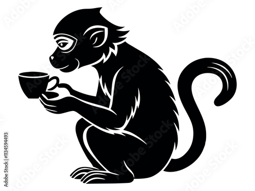Capuchin monkey vector silhouette on white background. A gibbon on a white background. Wild Animals. Monkey silhouettes isolated. Capuchin monkey and chimpanzee hanging.