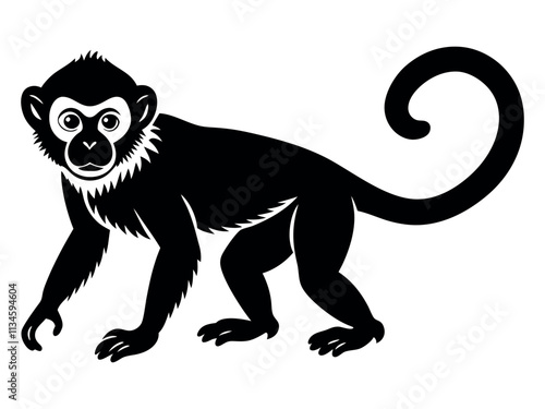 Capuchin monkey vector silhouette on white background. A gibbon on a white background. Wild Animals. Monkey silhouettes isolated. Capuchin monkey and chimpanzee hanging.