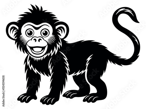 Capuchin monkey vector silhouette on white background. A gibbon on a white background. Wild Animals. Monkey silhouettes isolated. Capuchin monkey and chimpanzee hanging.
