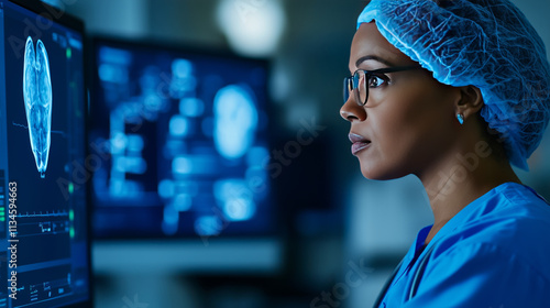 healthcare professional analyzing brain scans on screens