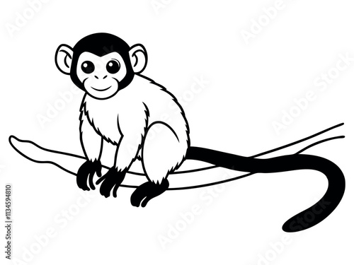 Capuchin monkey vector silhouette on white background. A gibbon on a white background. Wild Animals. Monkey silhouettes isolated. Capuchin monkey and chimpanzee hanging.