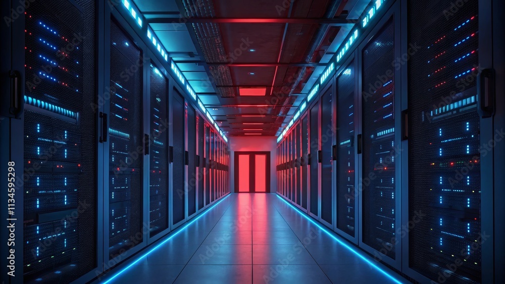 Cyberpunk Server Room Neon Lit Data Center Corridor, Digital Infrastructure, 3D Render, Data Security Data Center, Server Room Cyberpunk Server Room Neon Lit Data Center Corridor, Digital Infrastructure, 3D Render, Data Security Data Center, Server Room