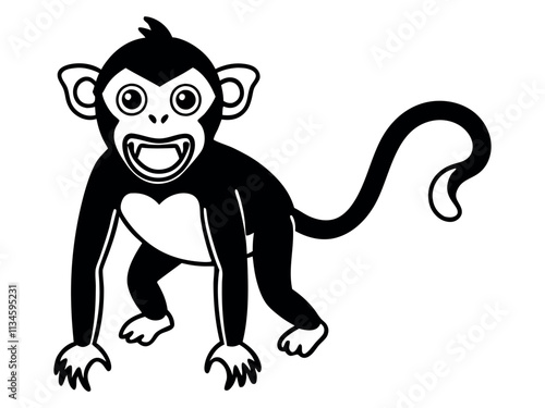 Capuchin monkey vector silhouette on white background. A gibbon on a white background. Wild Animals. Monkey silhouettes isolated. Capuchin monkey and chimpanzee hanging.