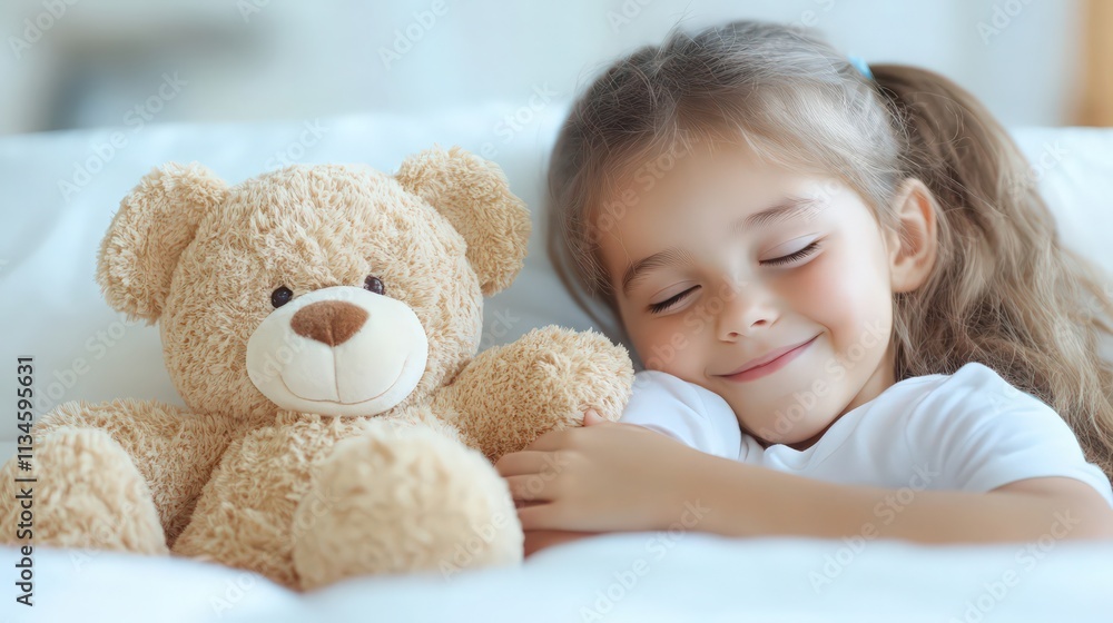 A young girl is sleeping with a teddy bear A young girl is sleeping with a teddy bear