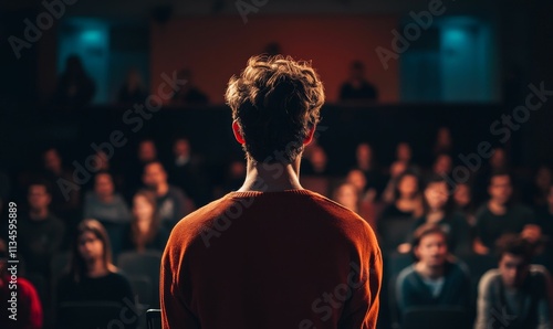 Wallpaper Mural Person in orange sweater addresses large audience. Torontodigital.ca