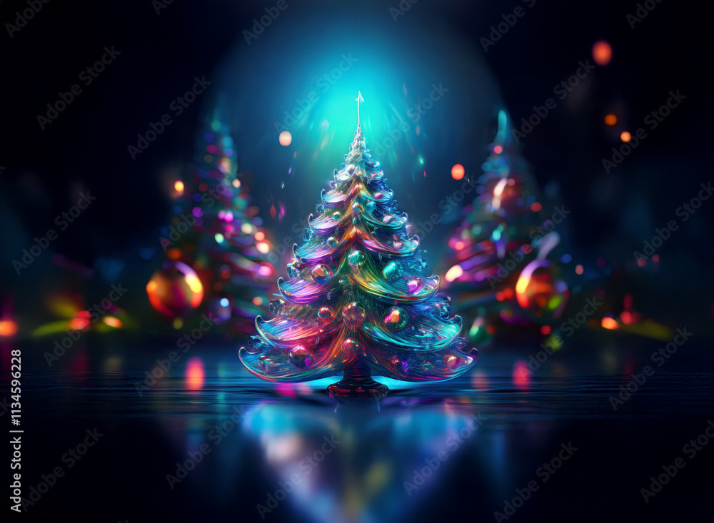 Obraz premium A vibrant, colorful glass Christmas tree glows in the center, surrounded by smaller, shimmering trees and ornaments. The scene is dark and moody, with bright, neon lights reflecting on a glossy surfa