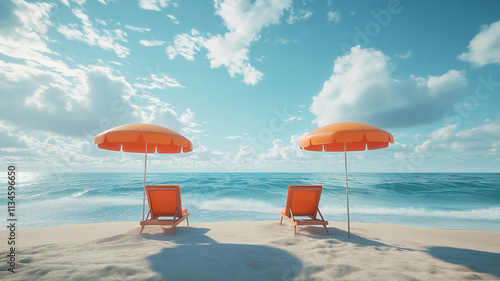 Beautiful beach view with orange umbrellas and chairs against the backdrop of blue sky and sea