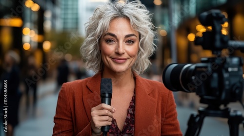 A professional female journalist with curly hair holds a microphone and stands in front of a camera, ready to deliver news in a dynamic urban environment. photo