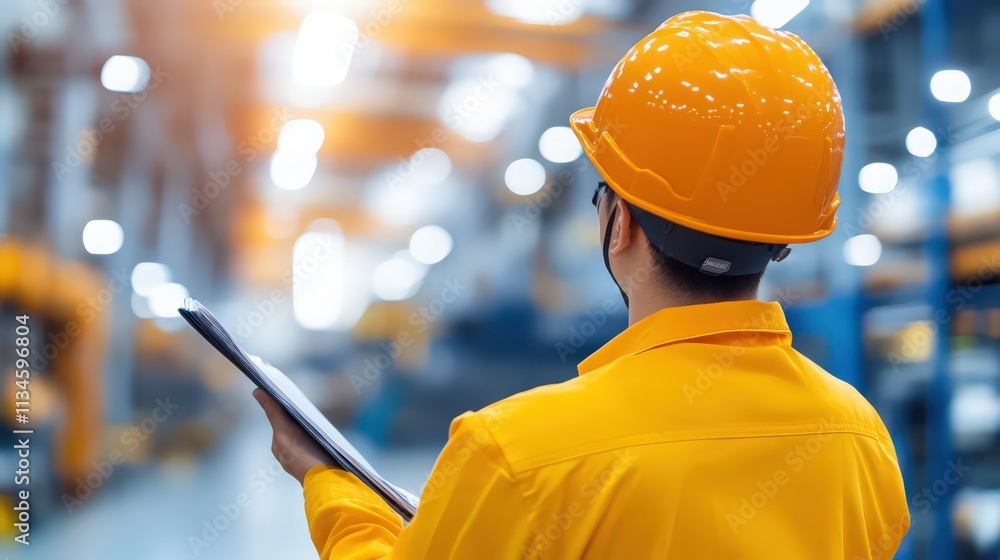 A man in a yellow shirt and orange helmet is looking at a tablet A man in a yellow shirt and orange helmet is looking at a tablet