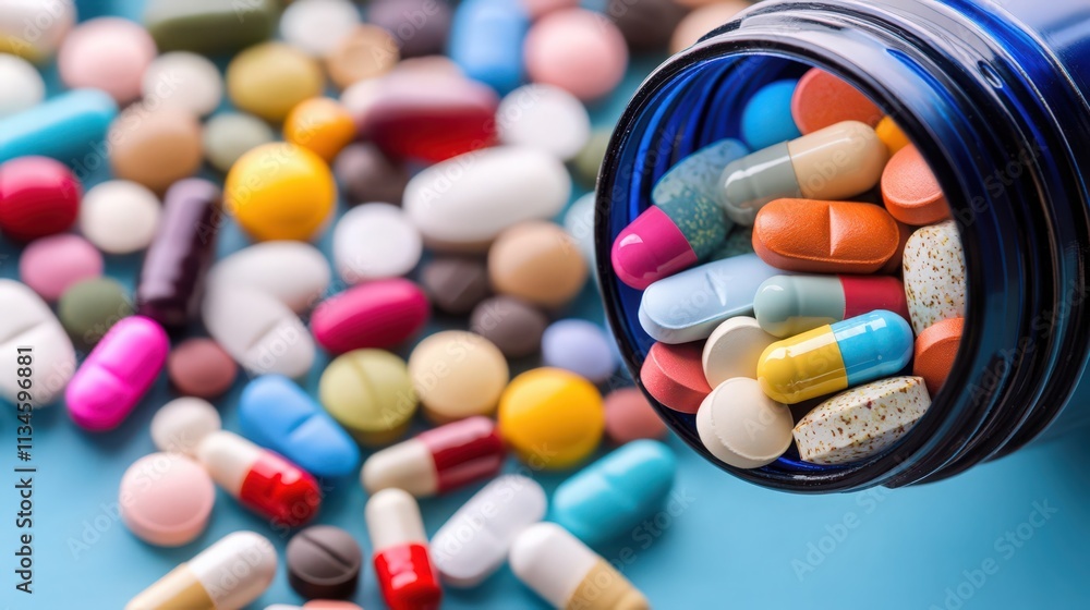 A blue bottle of pills is opened and scattered on a blue background