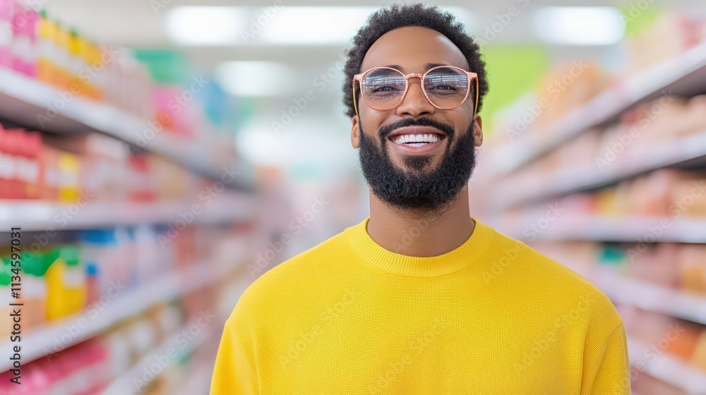 A man with a beard and glasses is smiling in a store A man with a beard and glasses is smiling in a store