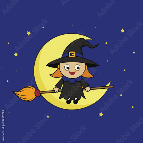 silhouette of a witch flying on a broomstick, with her hair flying and a pointed hat, and a bat in the sky nearby on a white background