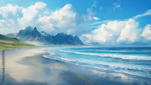 Beautiful Icelandic Stokksnes beach with dramatic landscapes and towering mountains in the background