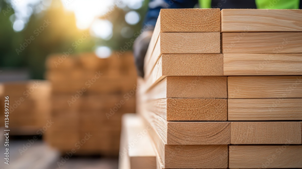 A stack of wood is piled up with a person's hand on top of it A stack of wood is piled up with a person's hand on top of it