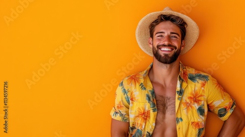 A joyful young man with a broad smile wears a vibrant tropical shirt and straw hat, standing confidently against a bright orange background, exuding warmth and charm. photo