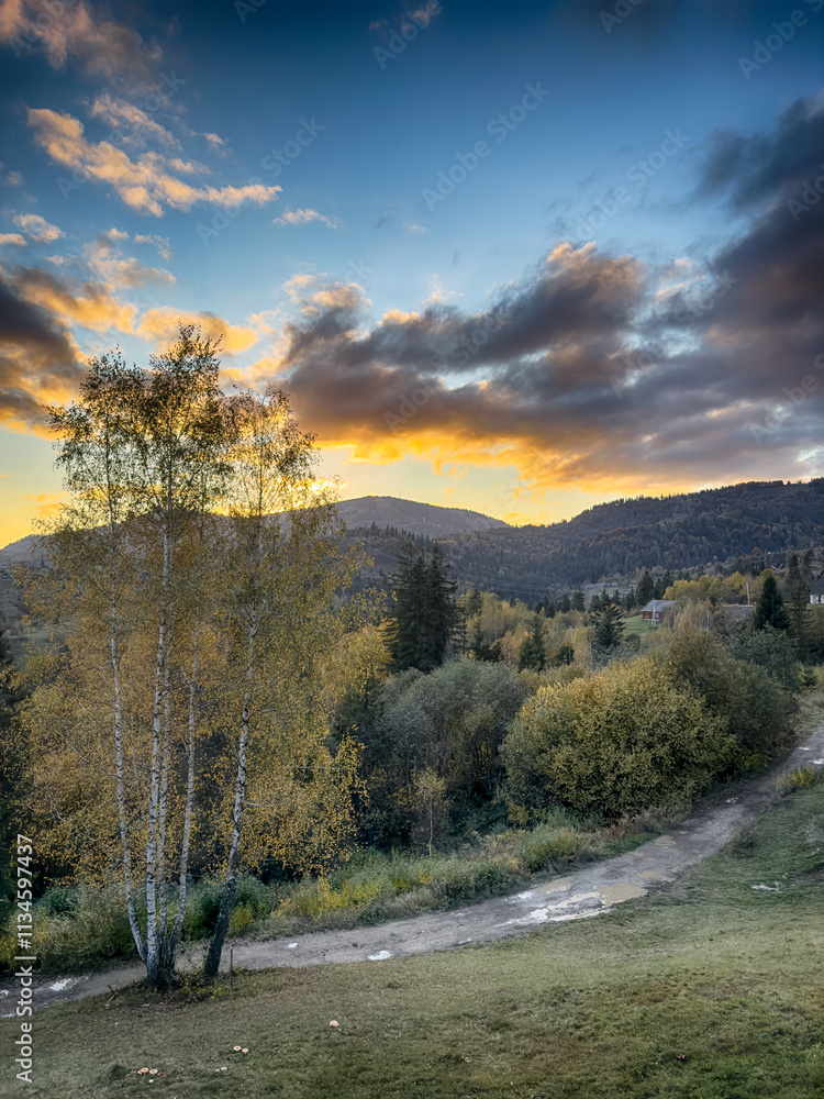 Obraz premium The landscape of Carpathian Mountains in the sunny weather. Perfect weather condition in the autumn season