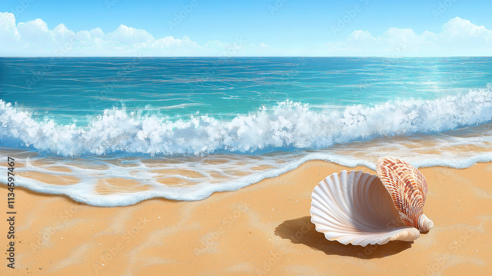 Beautiful summer background with seashells on sandy beach and blue sea under a sunny sky Beautiful summer background with seashells on sandy beach and blue sea under a sunny sky