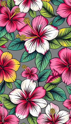 Seamless tropical pattern with colorful hibiscus flowers and leaves on gray background