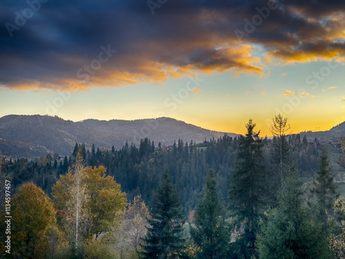 The landscape of Carpathian Mountains in the sunny weather. Perfect weather condition in the autumn season