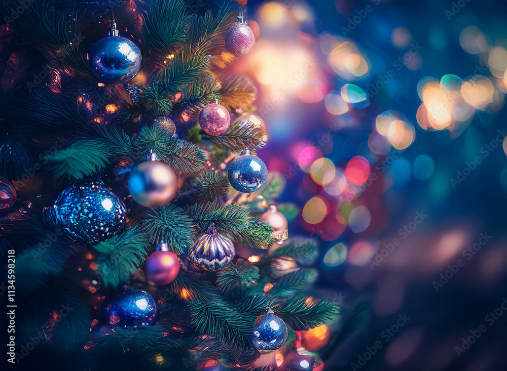 Fototapeta premium A beautifully decorated Christmas tree glows with colorful ornaments and warm lights, creating a festive and magical atmosphere. The bokeh effect adds depth and sparkle.