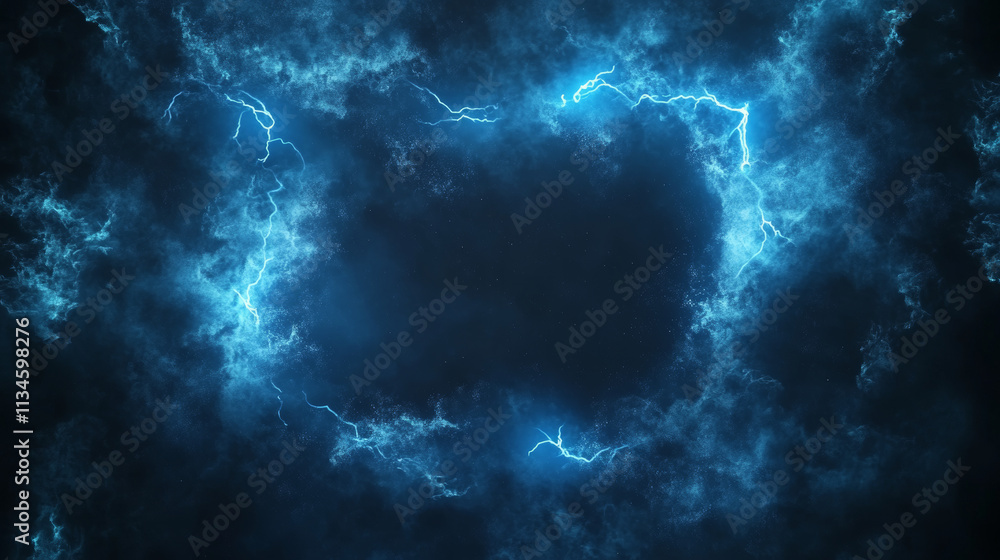 Blue lightning and smoke effect frame background. 3d abstract thunder glow cloud border design element. Isolated glowing thunderbolt impact overlay with fluffy texture. Transculent fog with sparkle Blue lightning and smoke effect frame background. 3d abstract thunder glow cloud border design element. Isolated glowing thunderbolt impact overlay with fluffy texture. Transculent fog with sparkle