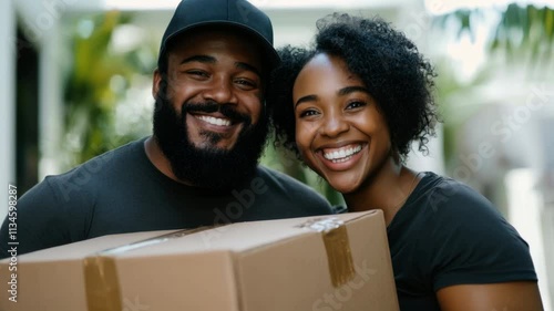 Wallpaper Mural A cheerful couple smiles while holding a large cardboard box in an outdoor space. They express excitement as they prepare to open their delivery together, enjoying the moment. Torontodigital.ca