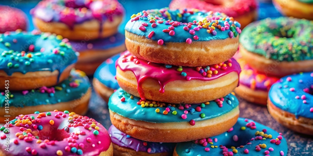 A Colorful Stacked Array of Delicious Doughnuts with Sprinkles Against a Bright Blue and Pink Background Perfect for Sweet Treat Photography A Colorful Stacked Array of Delicious Doughnuts with Sprinkles Against a Bright Blue and Pink Background Perfect for Sweet Treat Photography