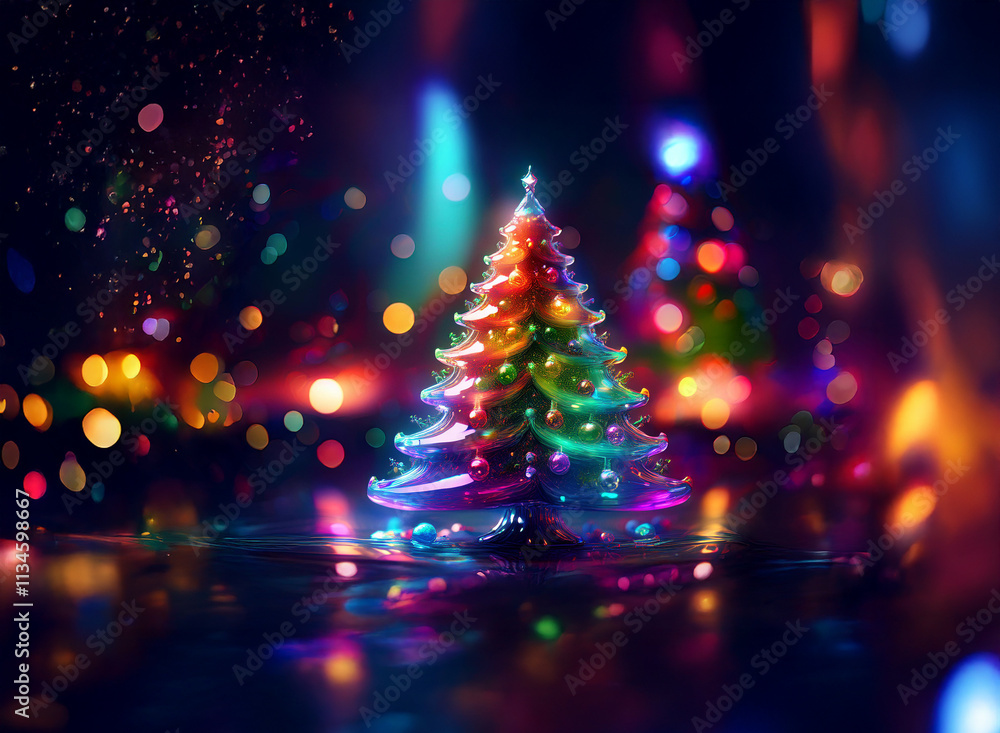 A vibrant, colorful Christmas tree stands out against a bokeh background of twinkling lights, reflecting its radiant glow. The scene evokes a magical, festive atmosphere. A vibrant, colorful Christmas tree stands out against a bokeh background of twinkling lights, reflecting its radiant glow. The scene evokes a magical, festive atmosphere.