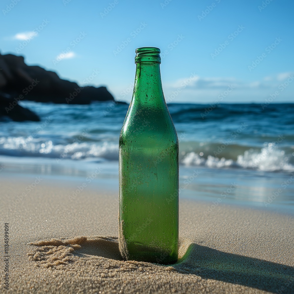 Green Glass Bottle on Sandy Beach Shoreline Green Glass Bottle on Sandy Beach Shoreline