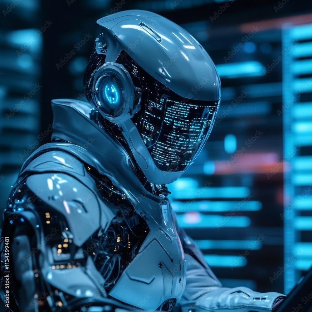 Futuristic Robot with Digital Interface in Tech Environment Futuristic Robot with Digital Interface in Tech Environment